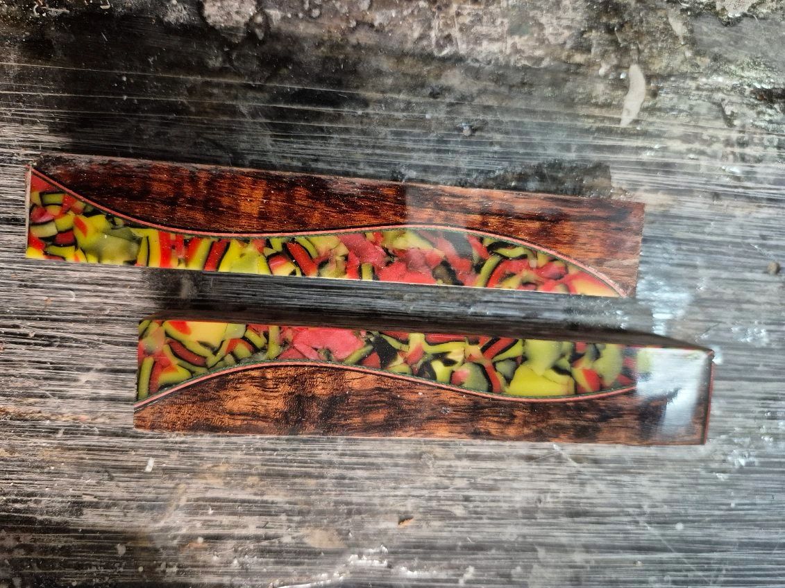 Decorative knife handle materials on wood