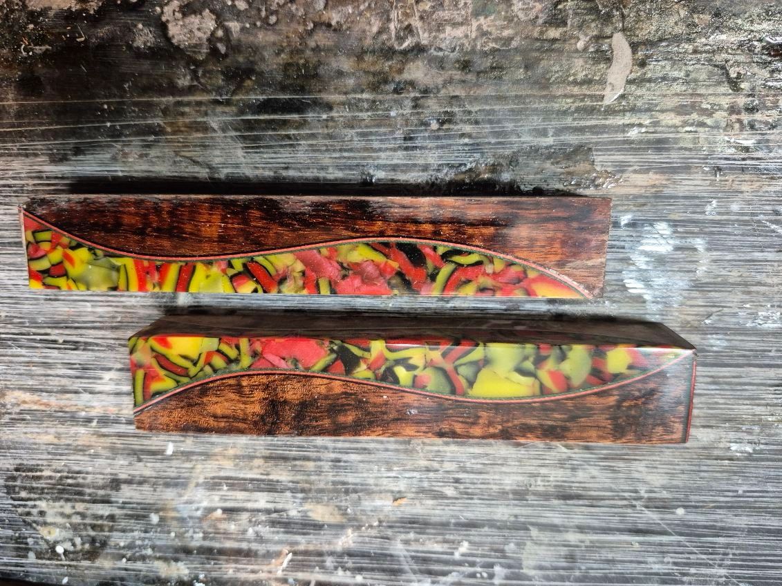 Colorful resin and wood knife handles.