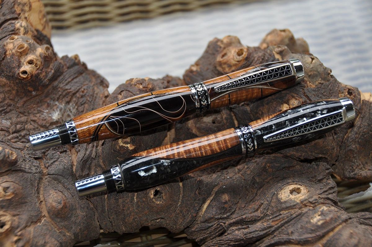 Elegant handcrafted wooden pens on display