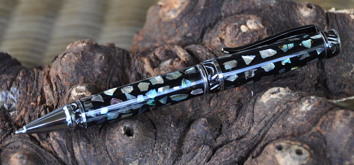 Black pen featuring iridescent inlay pattern