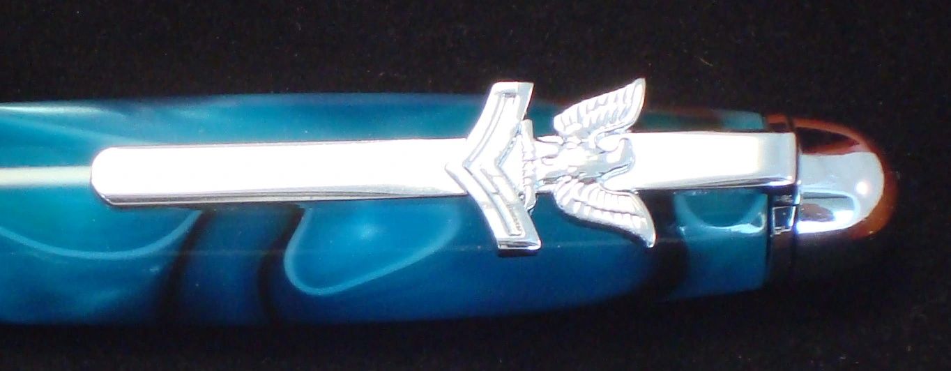 Close-up of decorative pen clip