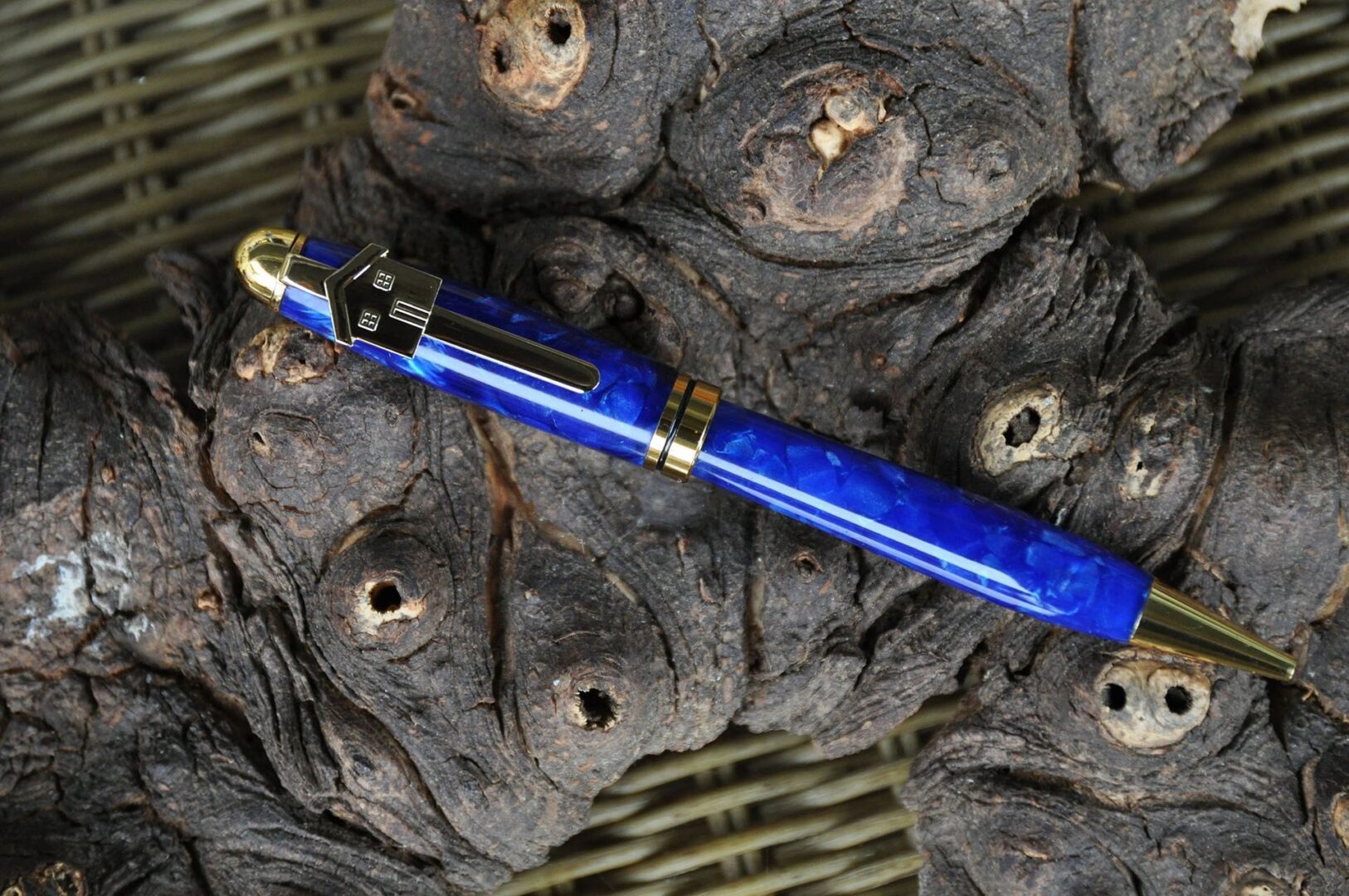 Vibrant pen atop detailed tree bark
