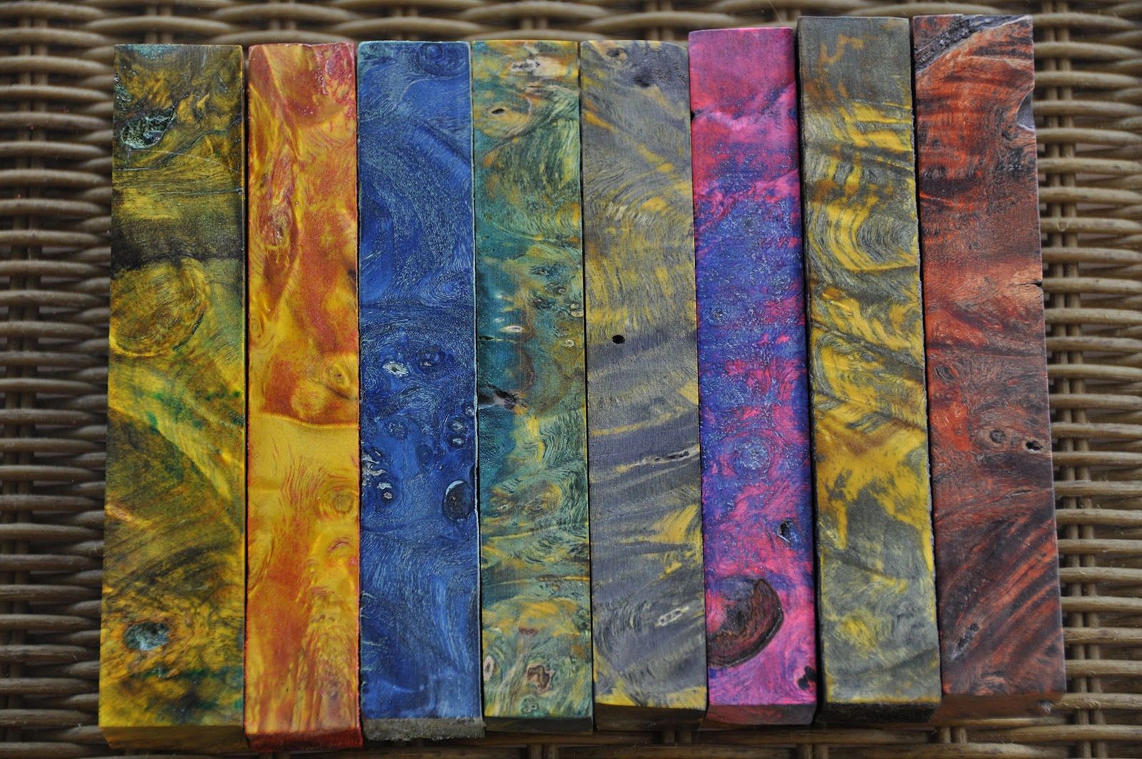 Multicolored wooden blocks with swirling patterns