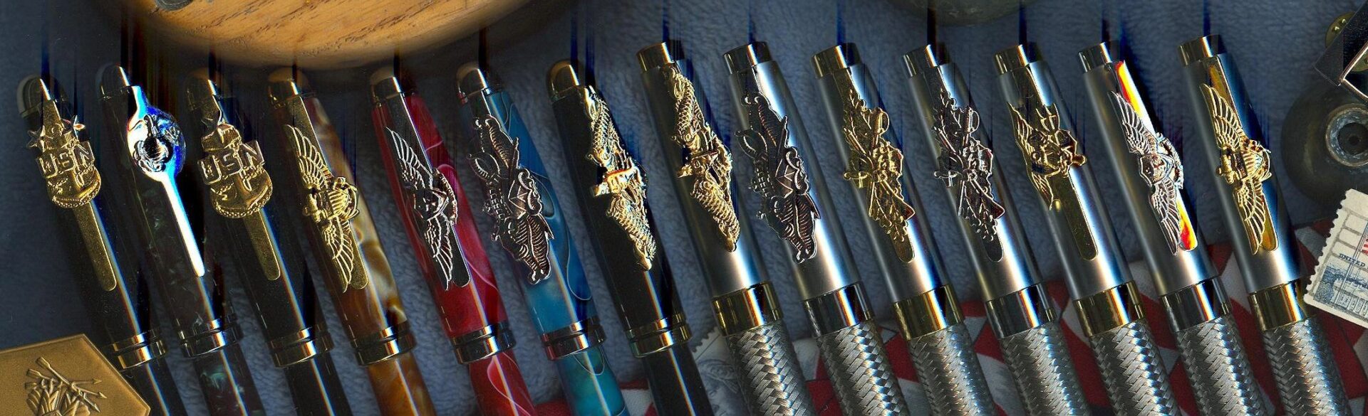 Collection of ornate pens on display