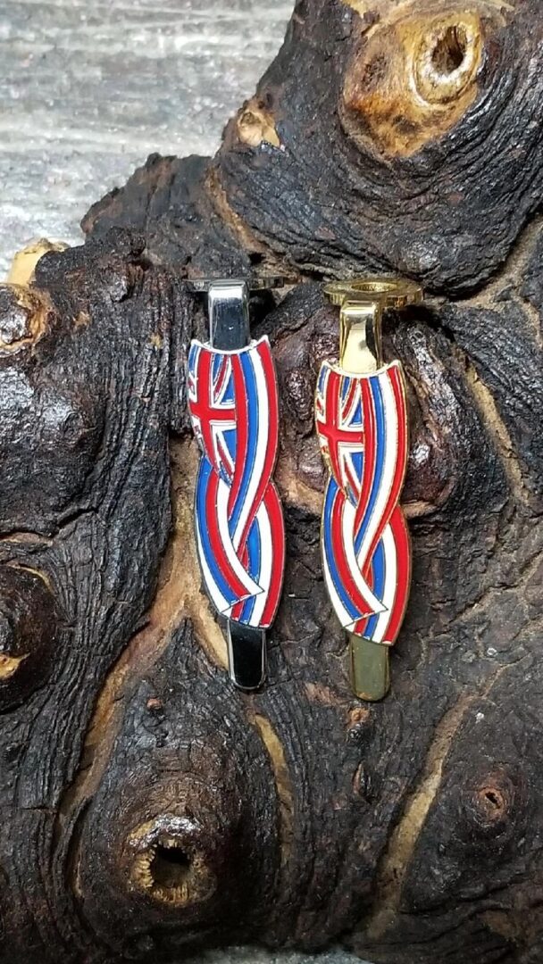 British-themed hair accessories on rustic surface