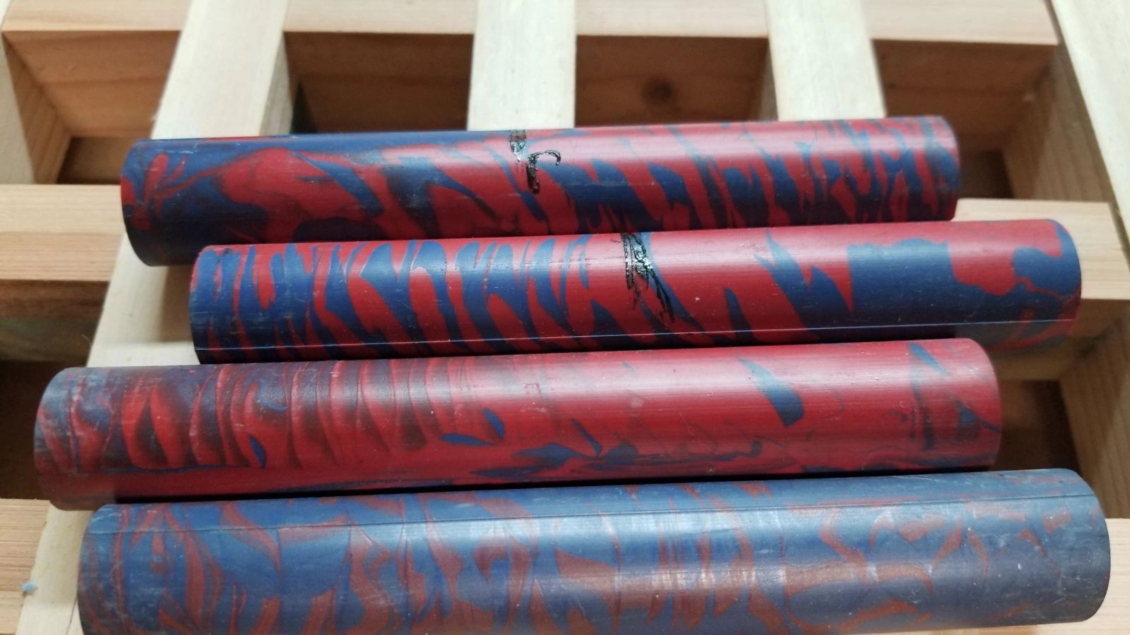 Red and blue patterned rods